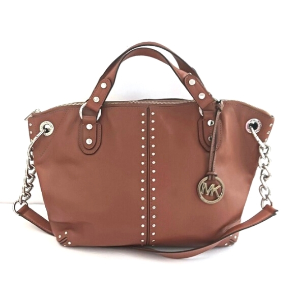 Y2K Michael Kors Uptown Astor Lg Satchel Brown Pebbled Leather Studs Chain Strap - Picture 1 of 10